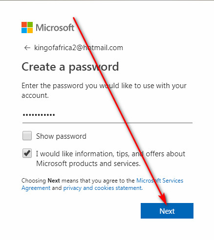 Hotmail sign up password
