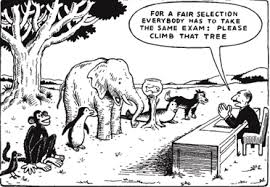 Illustration stating the fact that not all animals are equally capable of climbing a tree.