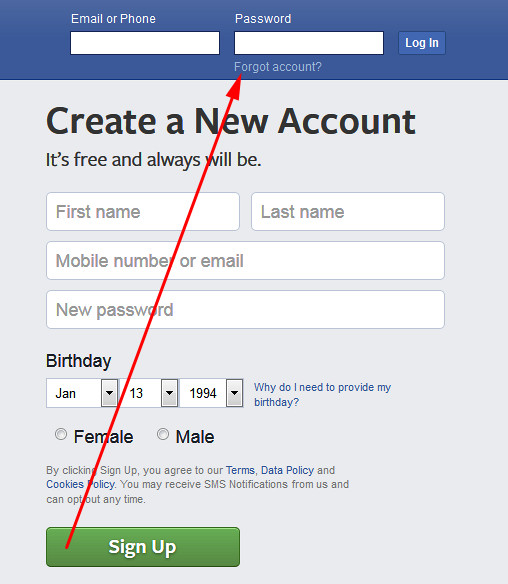 facebook login sign in recover account