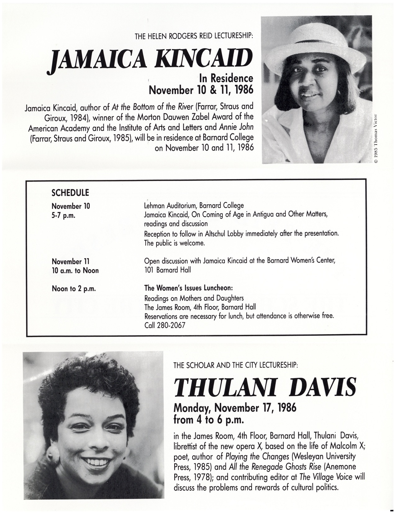 Flyer for the 1986 Reid Lecture, featuring Jamaica Kincaid and Thulani Davis