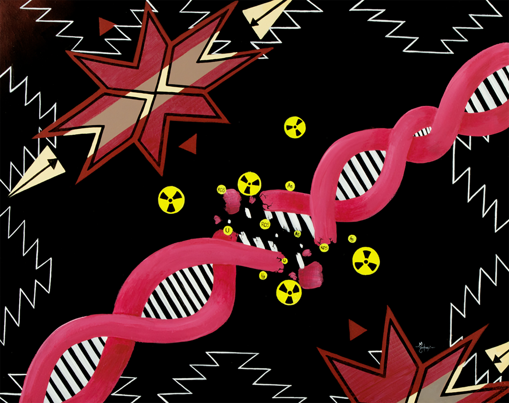 Semi-abstract painting in a black, brown, red, and white palette with Zuni motifs and a diagonal double-helix strand being broken by small yellow radioactive waste symbols.