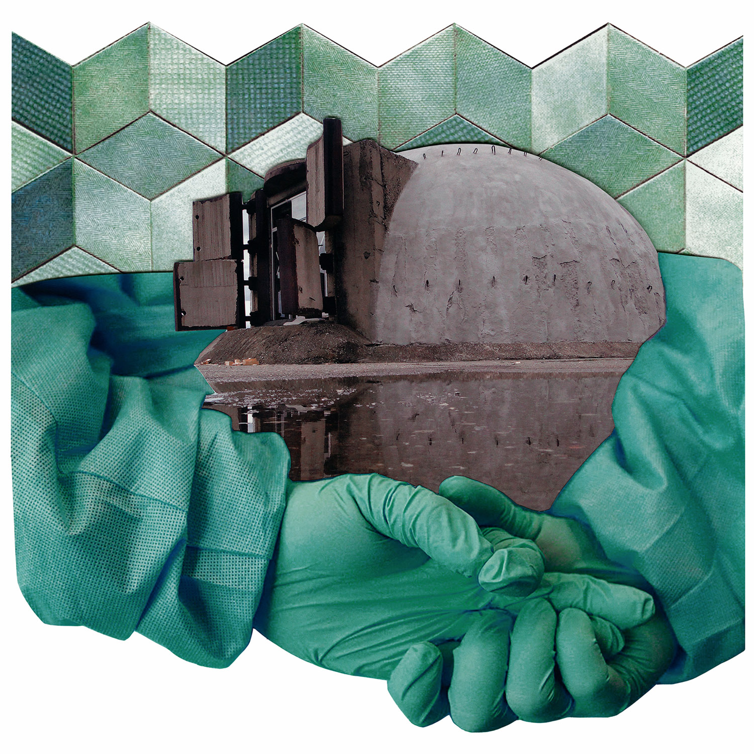 Color photographic collage containing green-gloved hands cradling a black-and-white nuclear power plant dome, itself placed over a green stylized tile background.