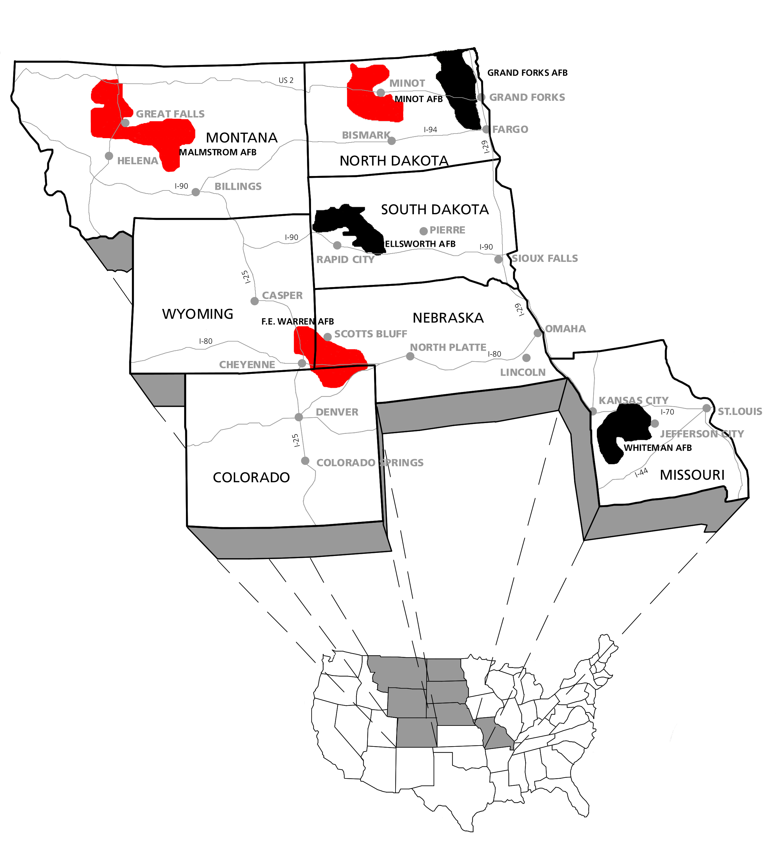 National Park Service map of active (red) and inactive (grey) Minuteman ICBM missile fields on the Great Plains.