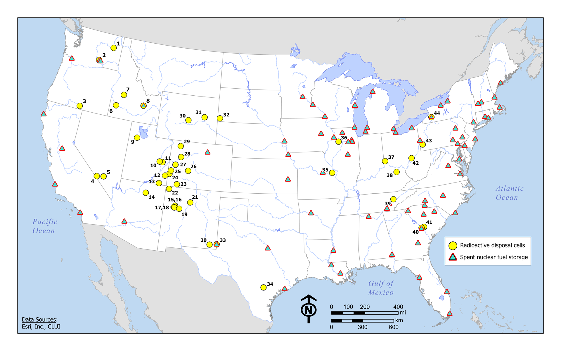 Outline map showing locations of radioactive waste disposal cells and spent nuclear fuel storage in the continental United States